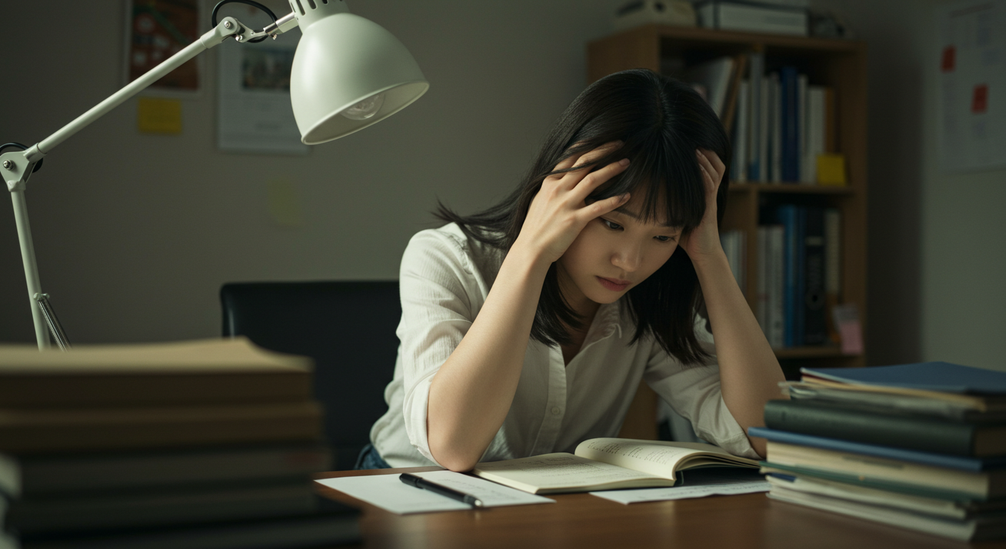 머리를 쥐고 있는 여성