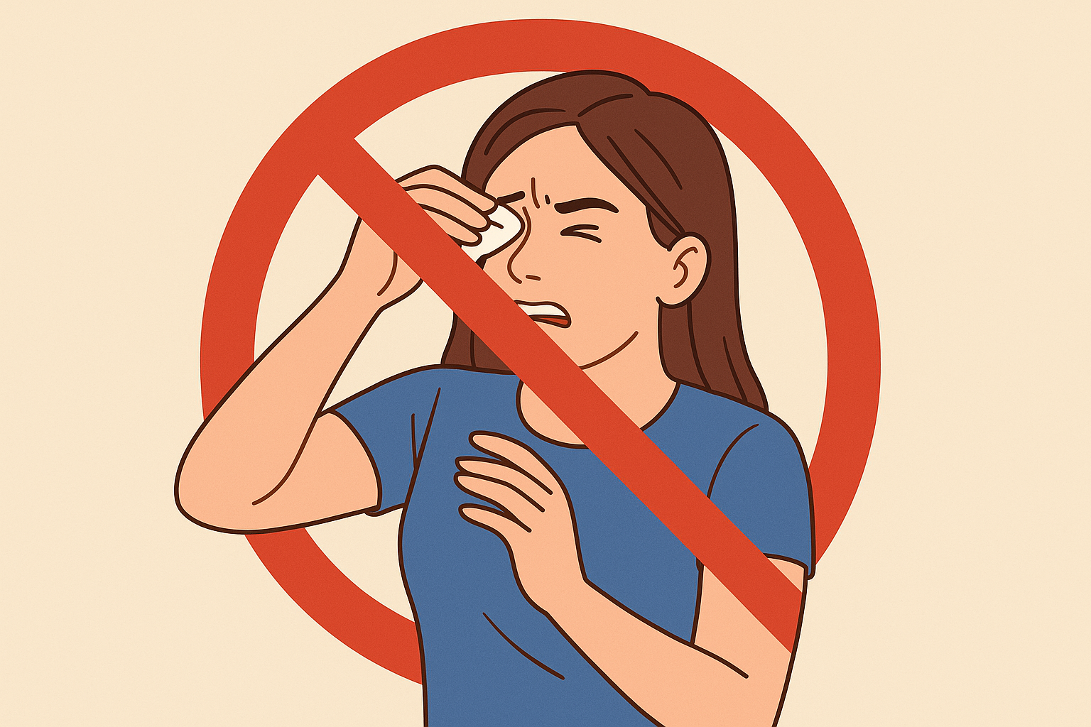 눈에 이물질이 들어간 여성이 손수건으로 문지르려다 금지 표시와 함께 경고하는 장면