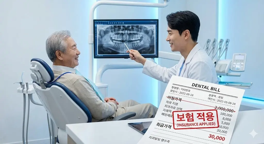 2026년 65세 이상 임플란트 및 스케일링 건강보험 적용 후 치과 치료비 할인 영수증, 노인 틀니 가격 혜택과 치과 진료 상담 모습