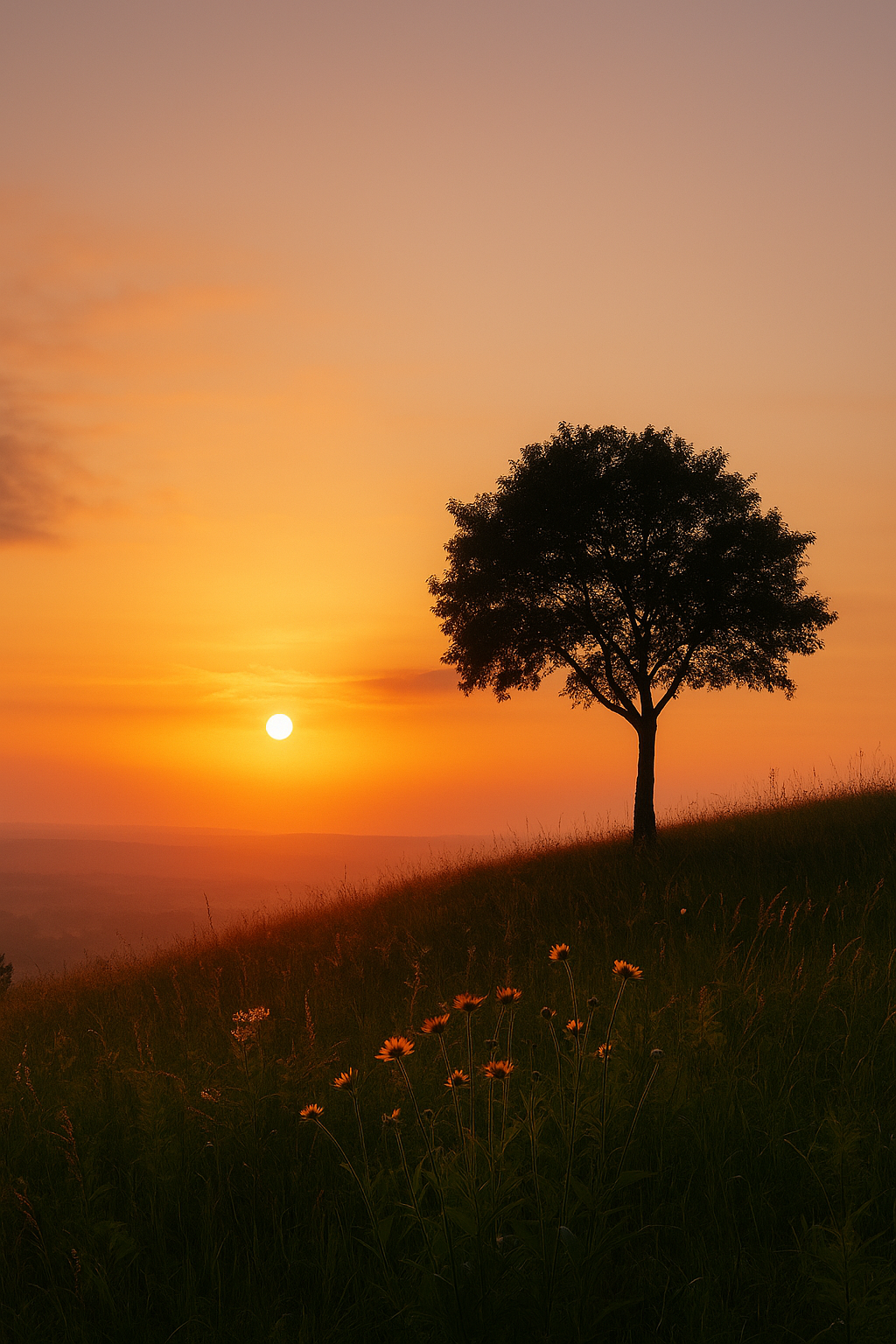 언덕 위에 홀로 서 있는 나무와 붉게 물든 노을 하늘이 어우러진 여름의 석양 풍경