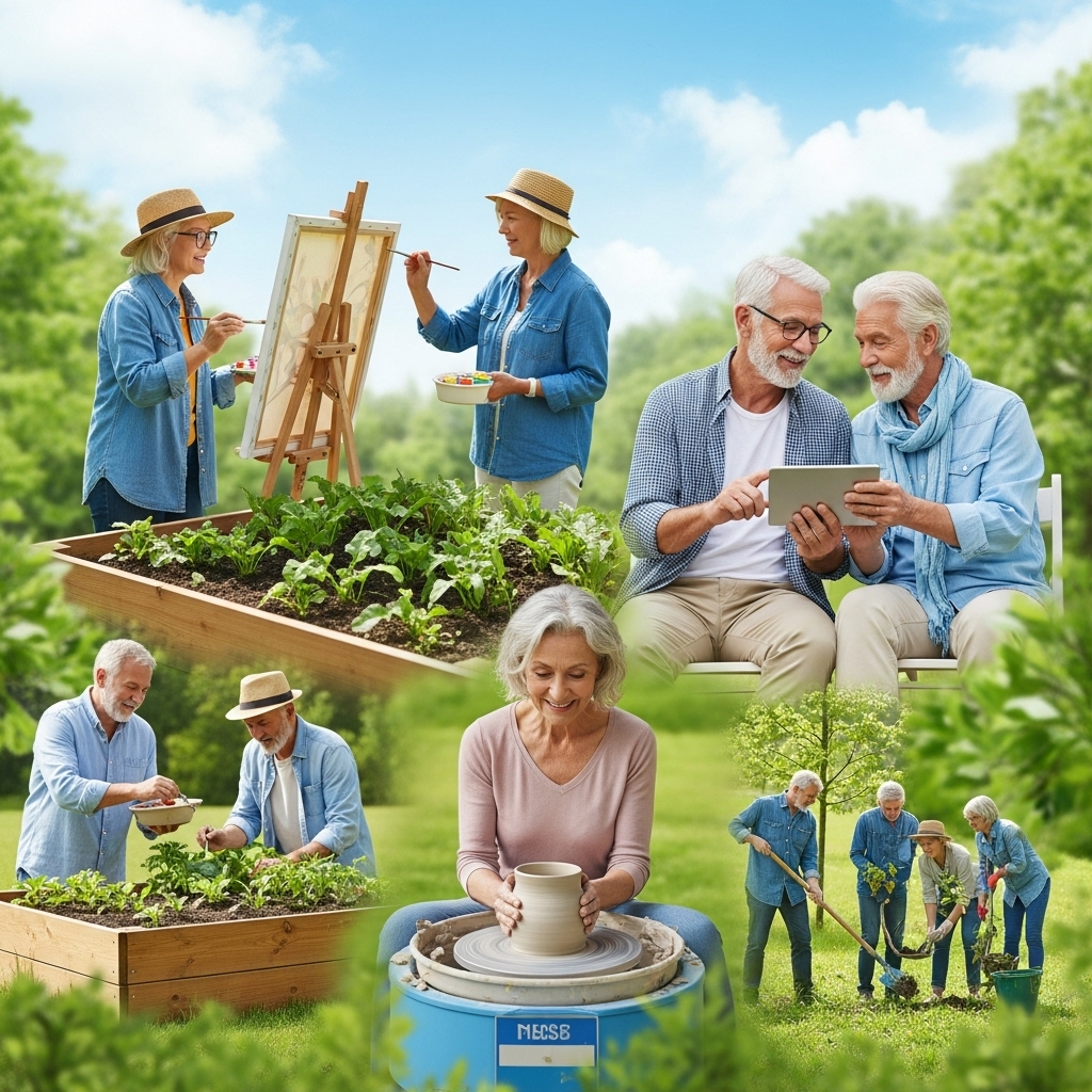 2025년 은퇴 후 새로운 취미를 즐기는 중년들의 행복한 모습, 다양한 활동을 통해 삶의 만족을 찾는 장면