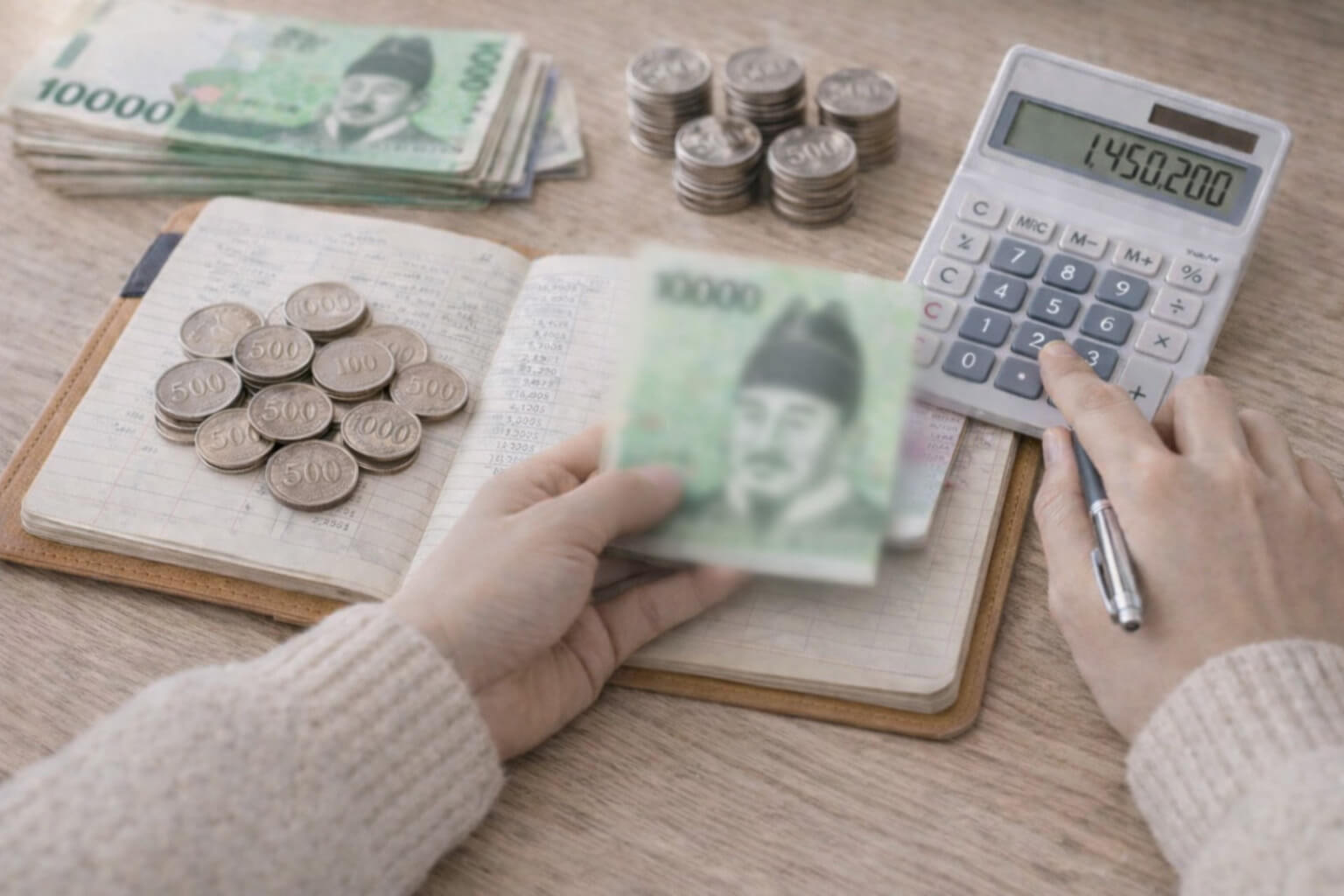 장부와 계산기 옆에서 자산 형성을 계산하는 손 이미지