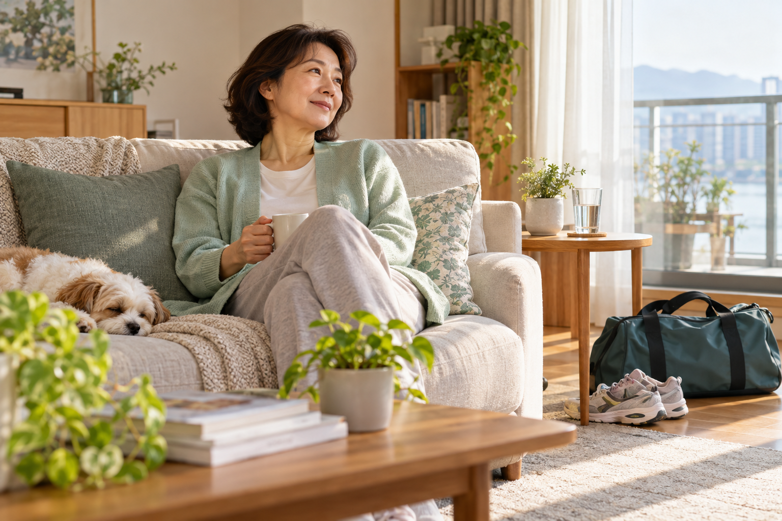독감주사를 맞은 날 운동 가방을 내려놓고 집에서 쉬는 중년 여성
