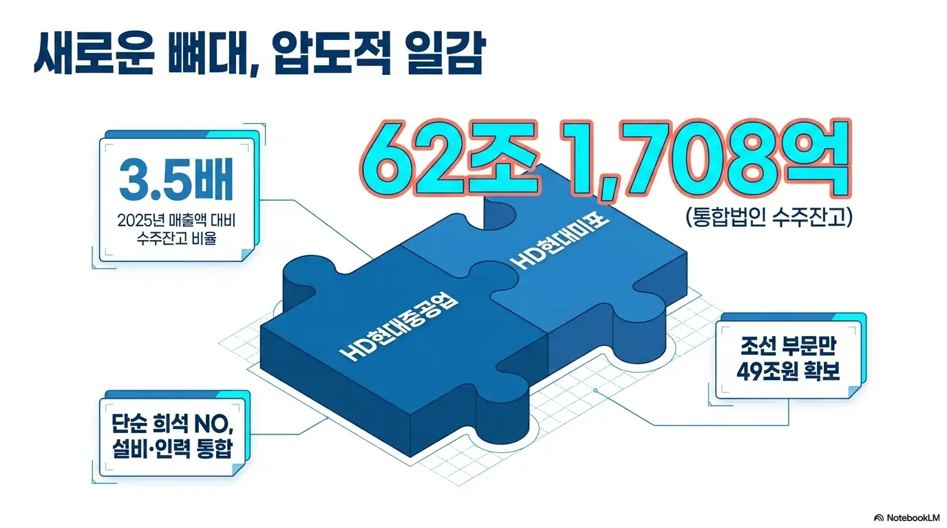 HD현대중공업 주가 전망: HD현대중공업과 HD현대미포가 퍼즐 조각으로 결합하는 모습을 그린 인포그래픽. 통합법인 수주잔고 62조 1&amp;#44;708억원&amp;#44; 2025년 매출 대비 3.5배&amp;#44; 조선 부문만 49조원 확보를 강조하며&amp;#44; 단순 희석이 아닌 설비&middot;인력 통합임을 설명함.