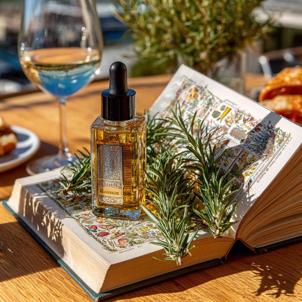 cozy morning light on a wooden dressing table with a glass dropper bottle of rosemary oil, a wooden comb, and a blooming rosemary branch lying next to a soft white towel, symbolizing gentle hair care and healing