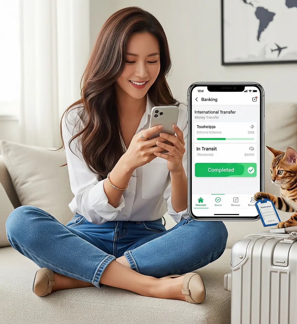 스마트폰 뱅킹 앱으로 해외 송금 진행 상황을 확인하며 미소짓는 한국인