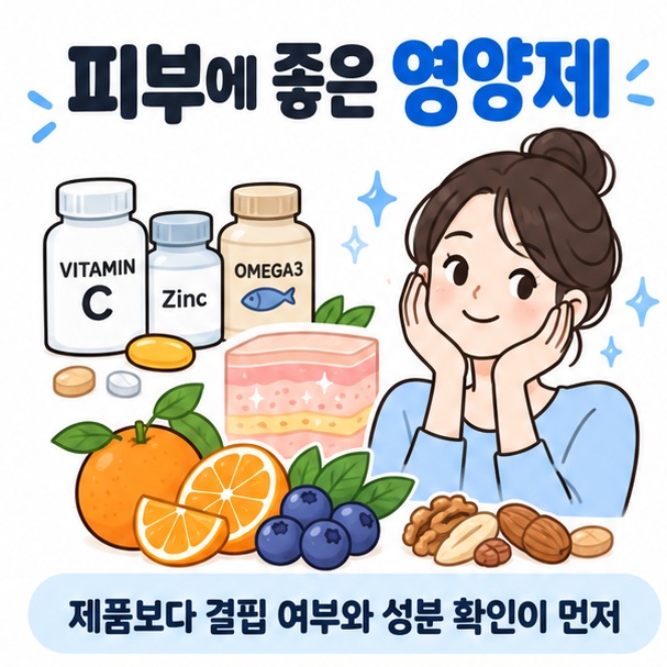 비타민 캡슐과 피부 단면 아이콘을 중심으로 피부에 좋은 영양제 문구를 보여주는 대표 카드뉴스 이미지