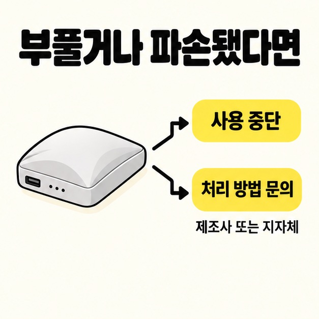 부풀거나 파손된 보조배터리는 사용을 중단하고 제조사 또는 지자체에 처리 방법을 문의하라는 안내