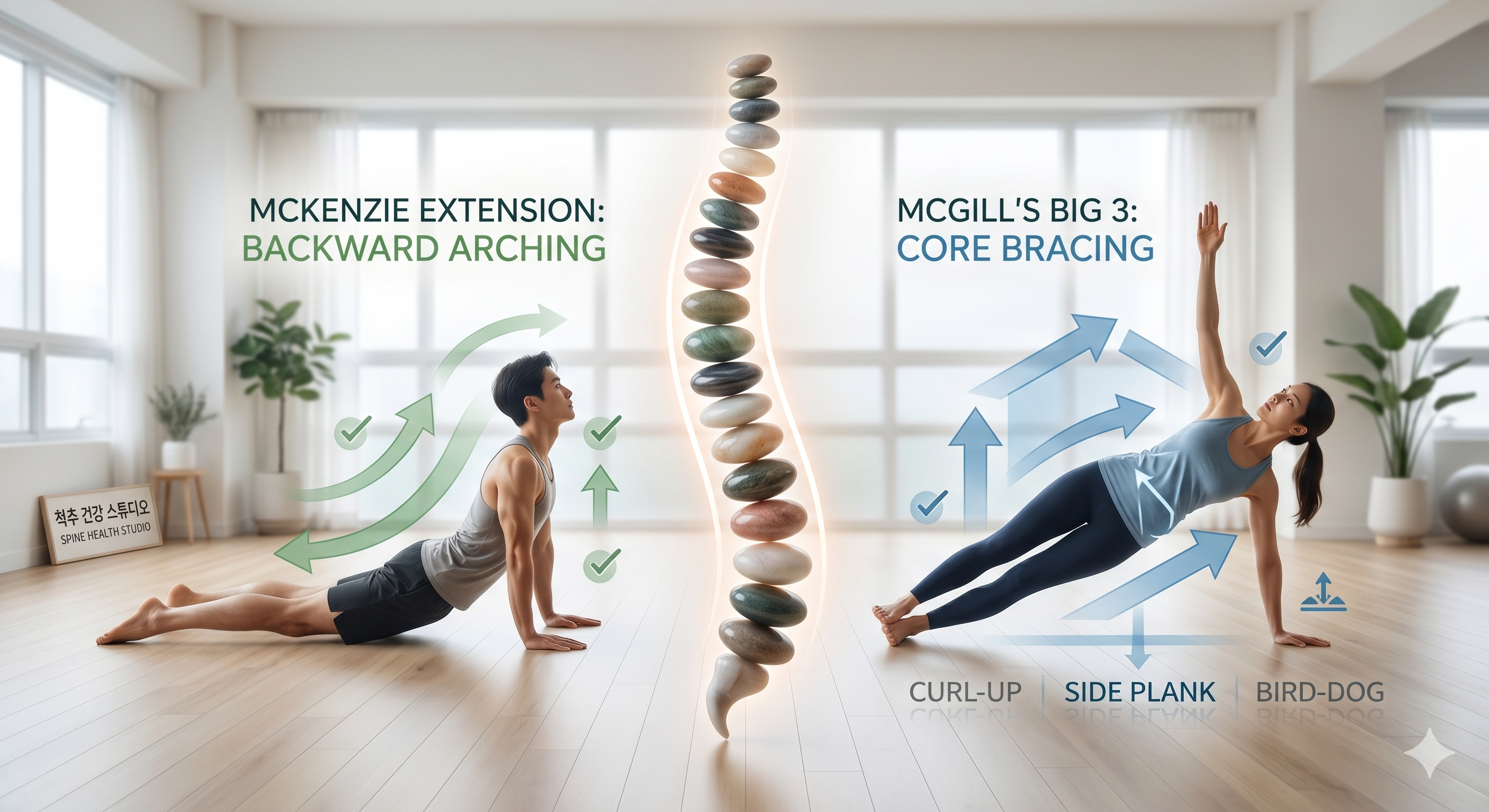 왼쪽은 'MCKENZIE EXTENSION: BACKWARD ARCHING'이라는 제목 아래 남성이 엎드린 상태에서 상체를 뒤로 젖히는 자세를 취하고 있고, 오른쪽은 'MCGILL'S BIG 3: CORE BRACING'이라는 제목 아래 여성이 사이드 플랭크 자세를 취하고 있으며, 중앙에는 균형 잡힌 돌탑이 척추 모양으로 쌓여 있는 척추 운동 가이드 이미지