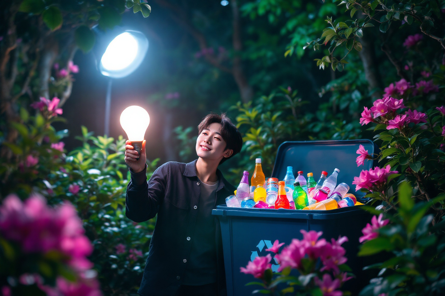 환경 보호를 상징적으로 보여 주는 남성과 LED전등의 모습