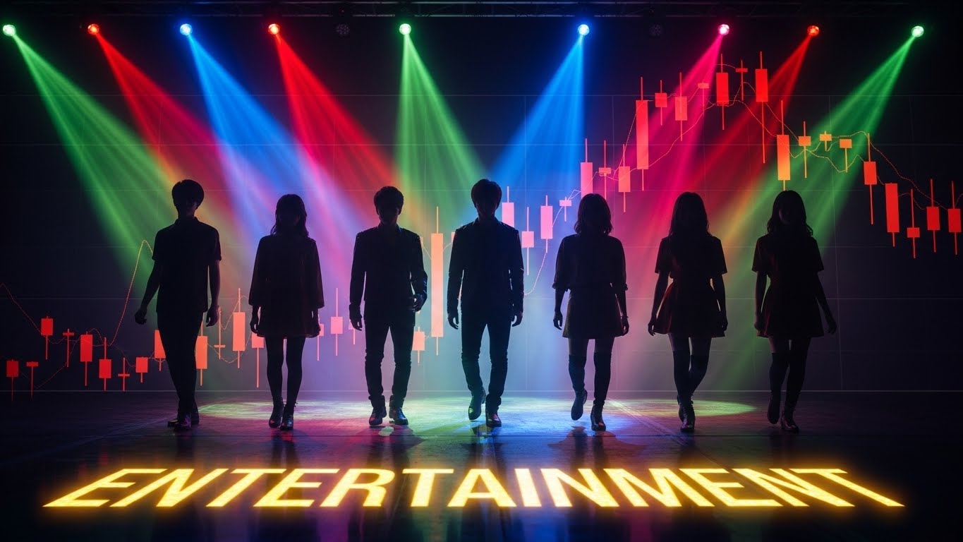 Behind the silhouettes of 7 idols receiving flashy stage lighting (symbolizing BTS), red bullish candlesticks on a stock chart are rising in steps. The word 'ENTERTAINMENT' glows in gold on the floor.