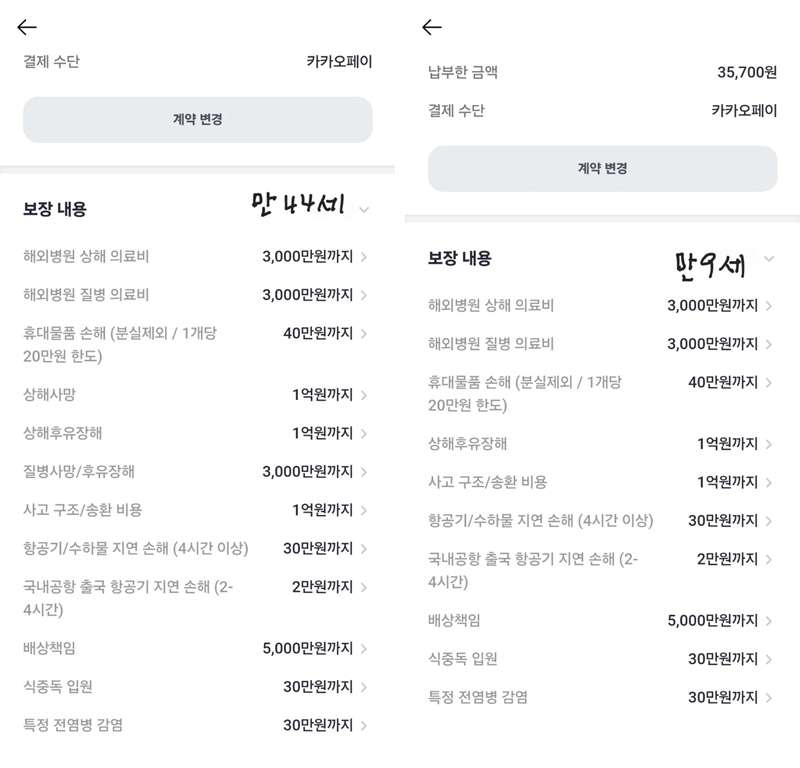 2024년 3월 스위스 여행 당시 44세 엄마와 9세 딸/카카오페이여행자보험 가입 내용