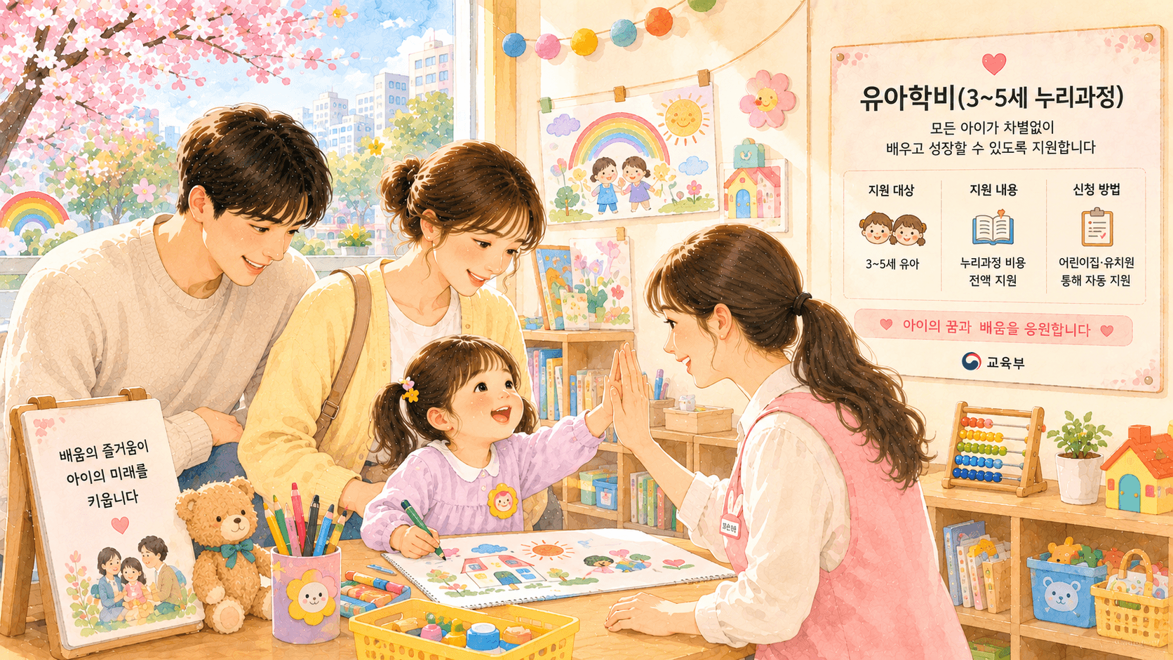 아이가 선생님과 그림을 그리며 즐거워 하는 모습을 흐뭇하게 바라보는 부모들의 이미지 입니다.