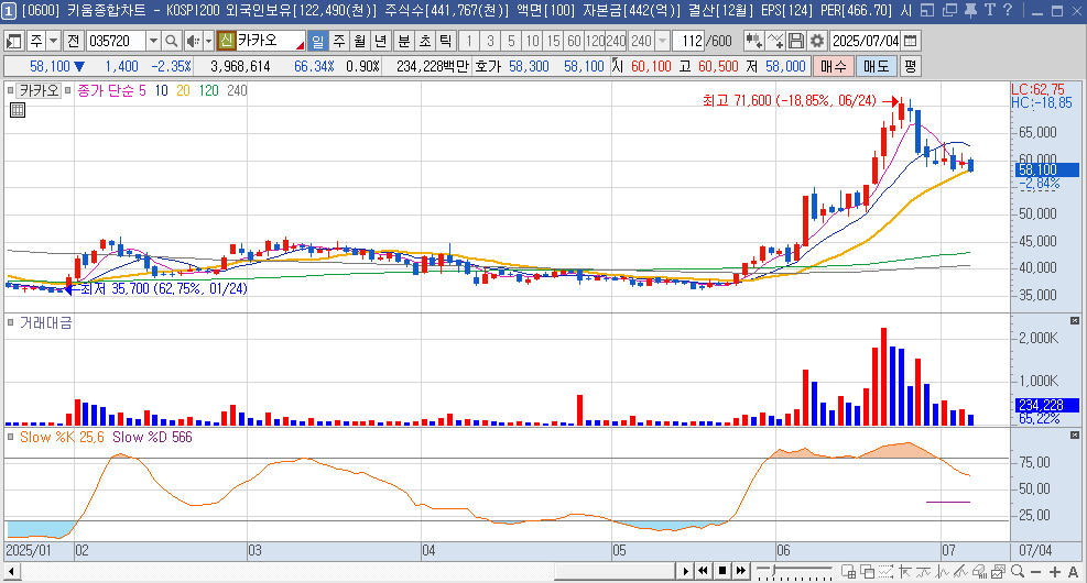 카카오 주가 일봉 차트