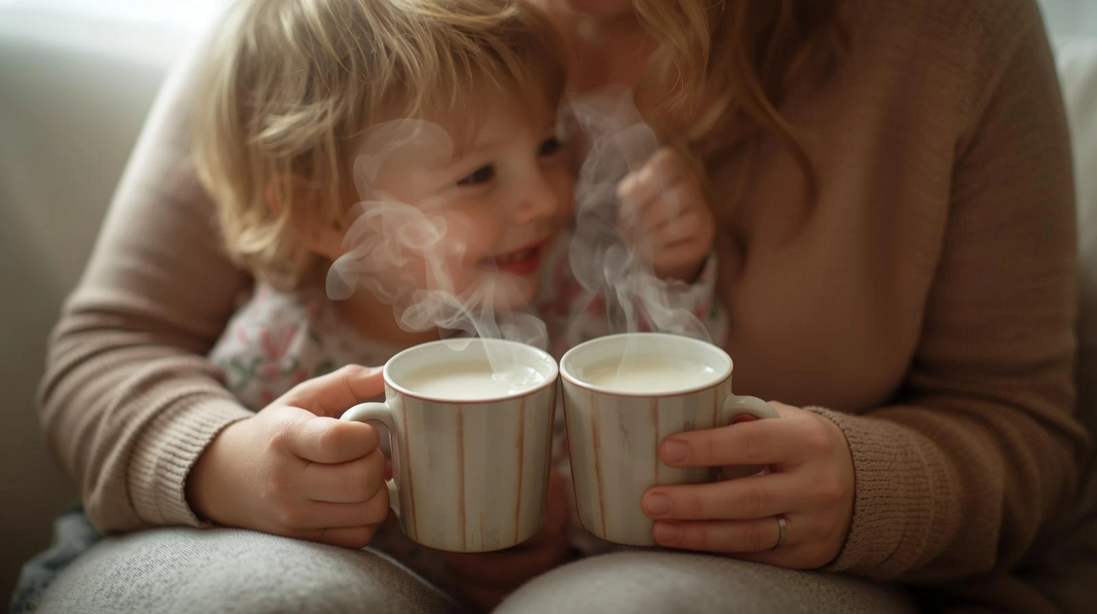 따뜻한 우유를 마시는 아이와 엄마