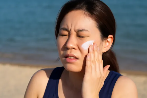 선크림 바르며 찡그린 여성