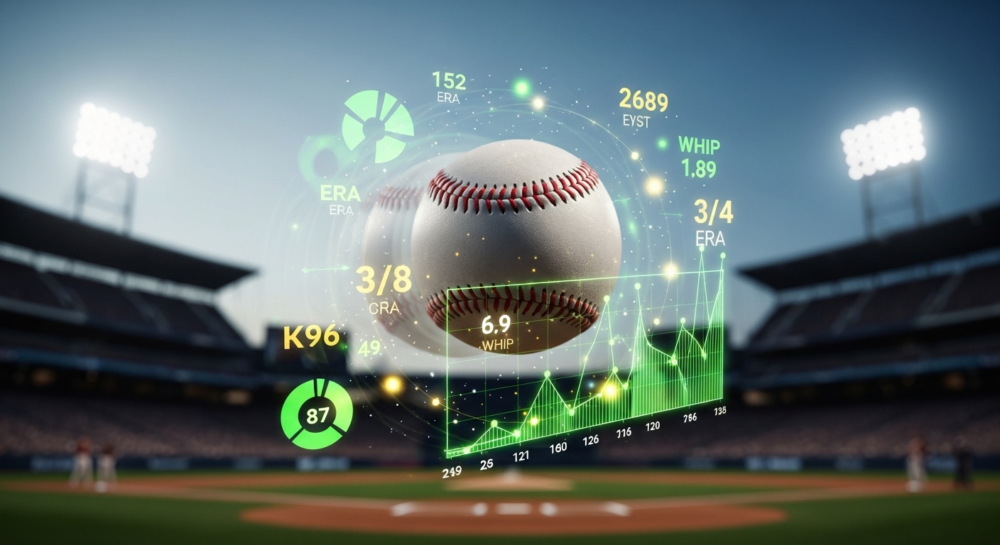 역동적인 야구공과 숫자 데이터가 어우러진 투수 성적 지표 분석 이미지. ERA, WHIP 등 주요 통계가 초보자도 쉽게 이해할 수 있도록 시각화되어 있다.