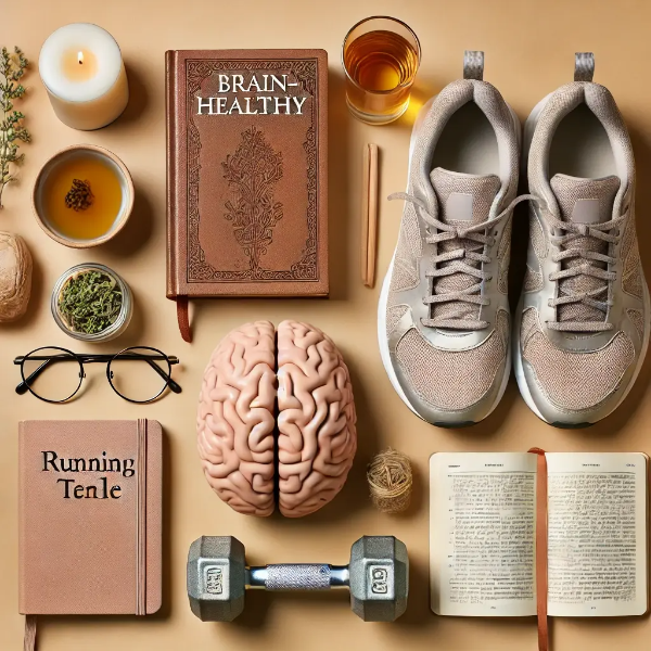 뇌 건강에 좋은 생활 루틴 소품들 (책, 덤벨, 명상용품 등)이 배열된 정적 컷