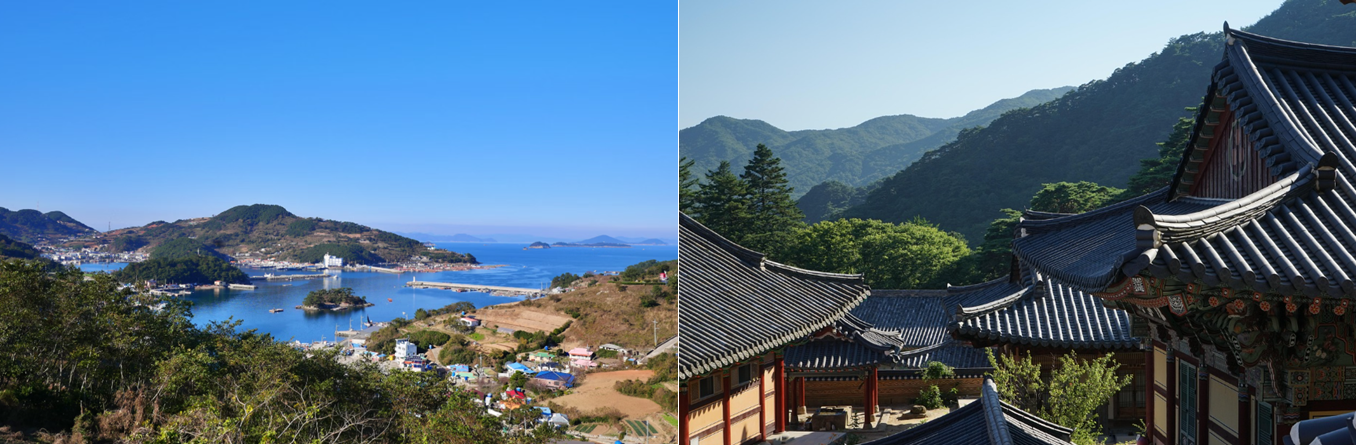 왼쪽은 통영 바닷가 마을, 오른쪽은 합천 해인사