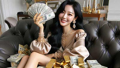 돈을 들고 웃는 여성