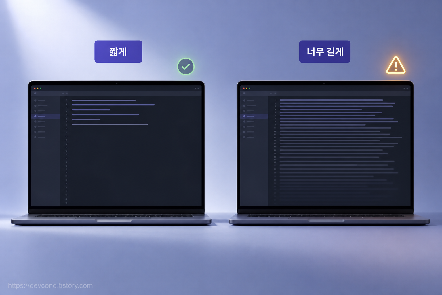 짧고 구조화된 CLAUDE.md와 길게 늘어진 CLAUDE.md를 나란히 대비한 실사형 에디터 목업