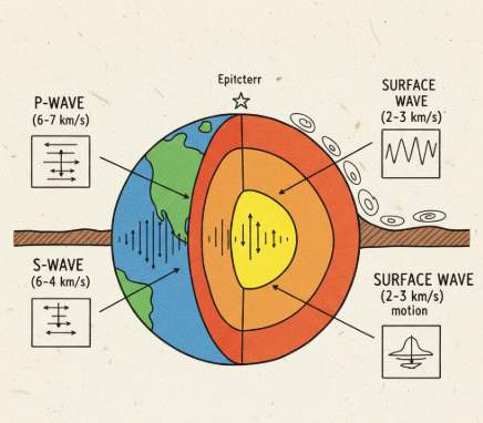 지진파 P파 S파 표면파 전파 속도 비교 도식