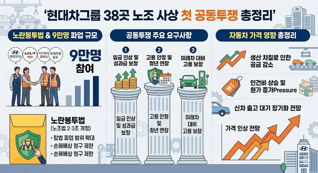 현대차그룹 노조 38곳 사상 첫 공동투쟁 — 노란봉투법·9만명 파업·차 가격 영향 총정리