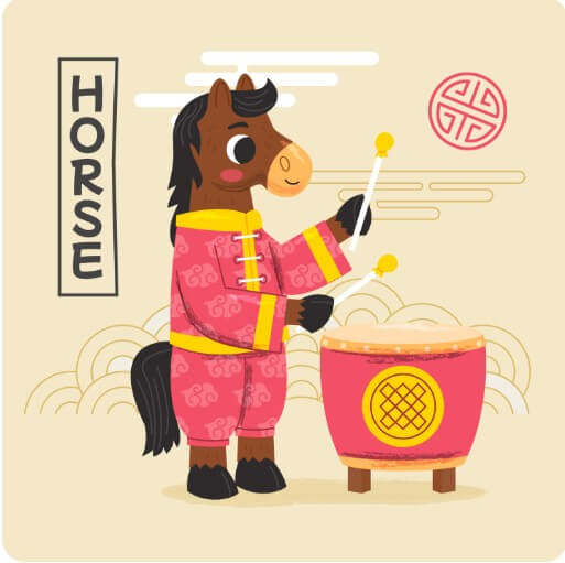 말이 한복을 입고 북을 치는 모습