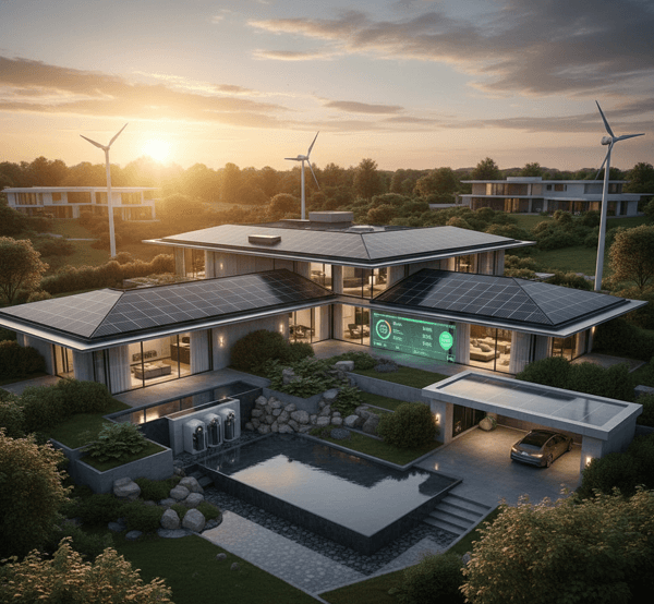 태양광 패널과 풍력 발전 시스템을 갖춘 미래형 친환경 스마트 홈 주택 전경