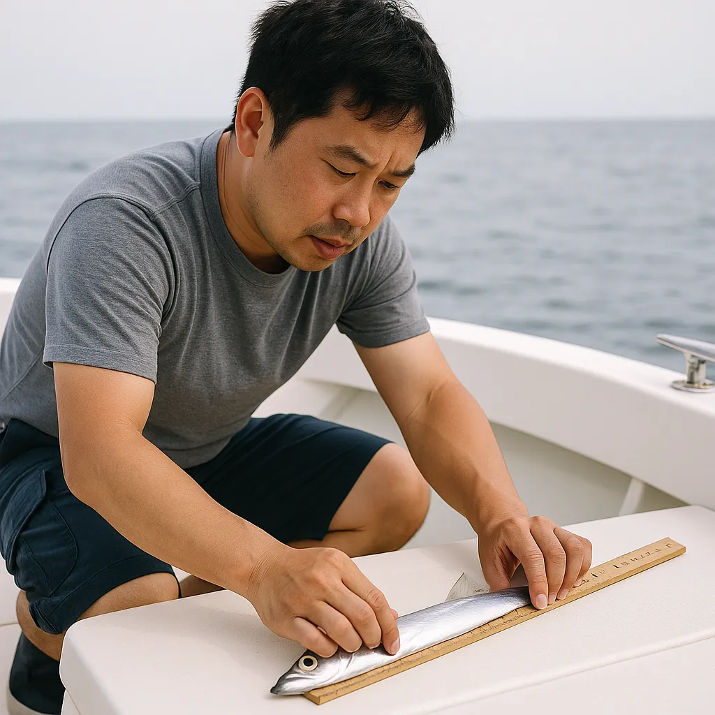 낚싯배 위에서 물고기 크기를 재는 모습