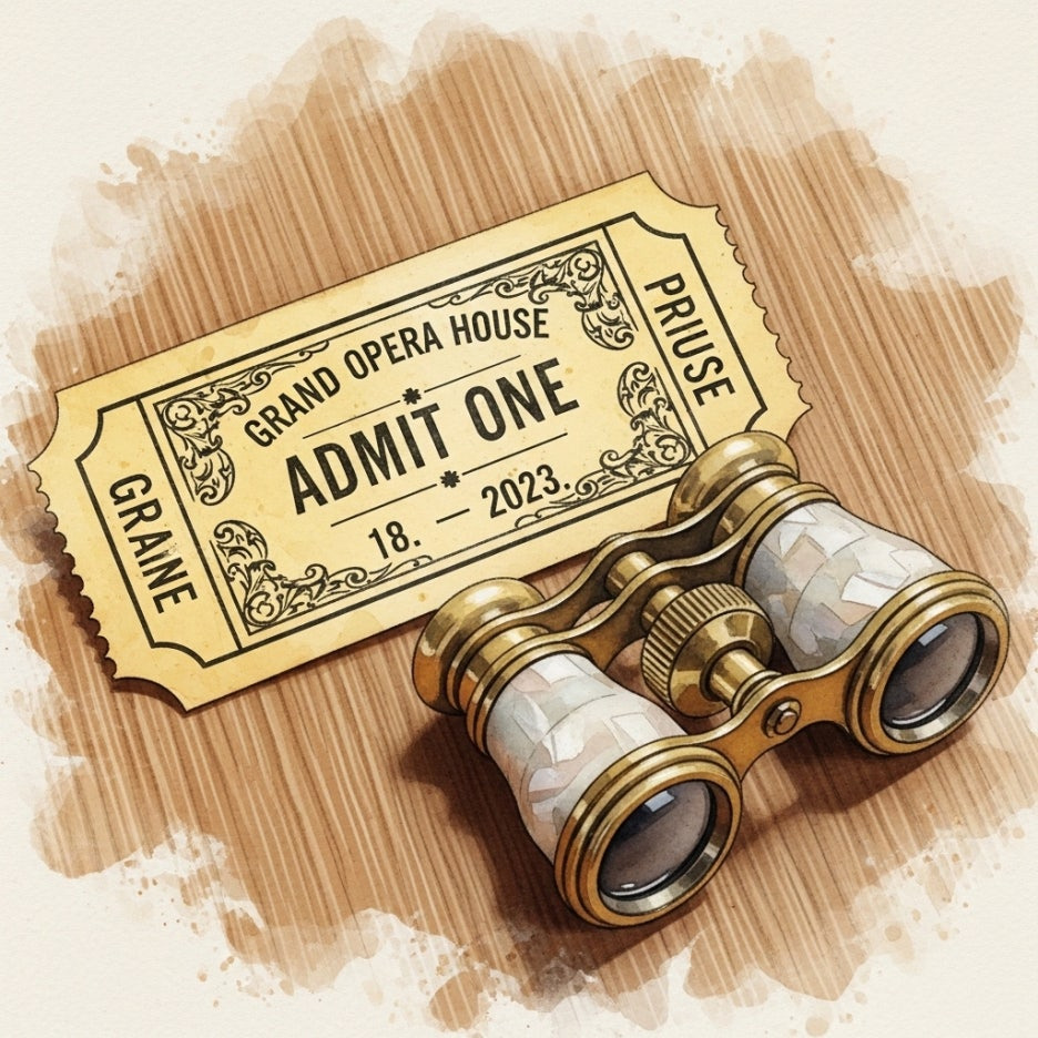 테이블 위에 놓인 티켓과 오페라 글라스
