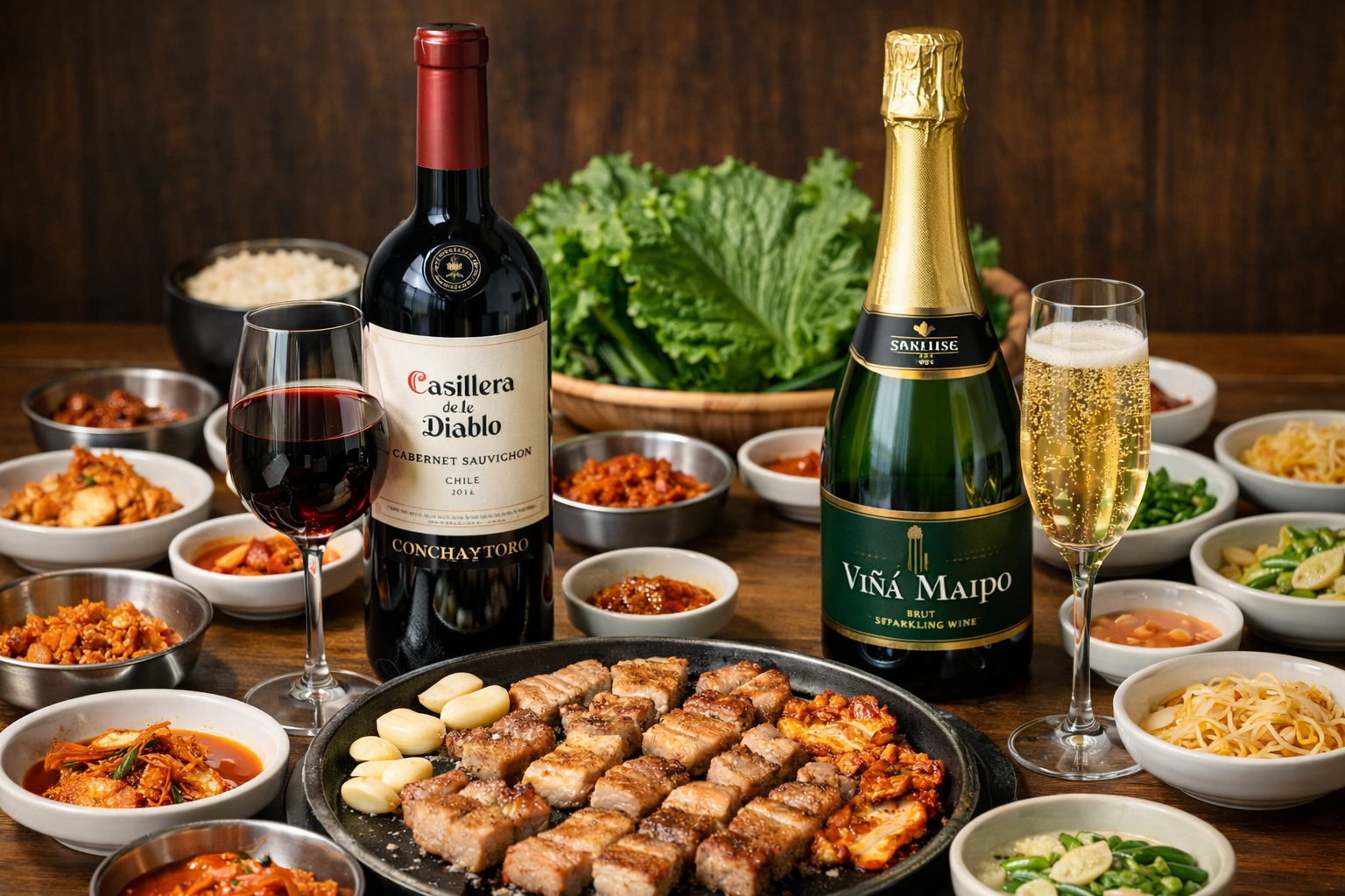 삼겹살 한상과 카베르네소비뇽,스파클링와인 이미지
