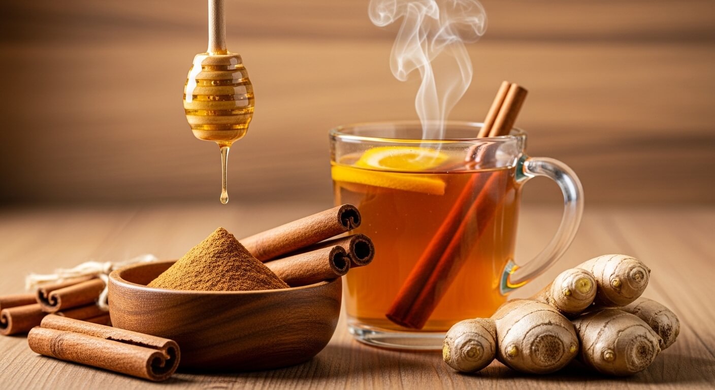 계피 스틱과 시나몬 가루가 담긴 그릇, 따뜻한 계피 차가 담긴 유리컵에서 김이 올라오고 있으며 꿀이 떨어지는 장면과 생강이 함께 놓인 따뜻한 분위기의 이미지