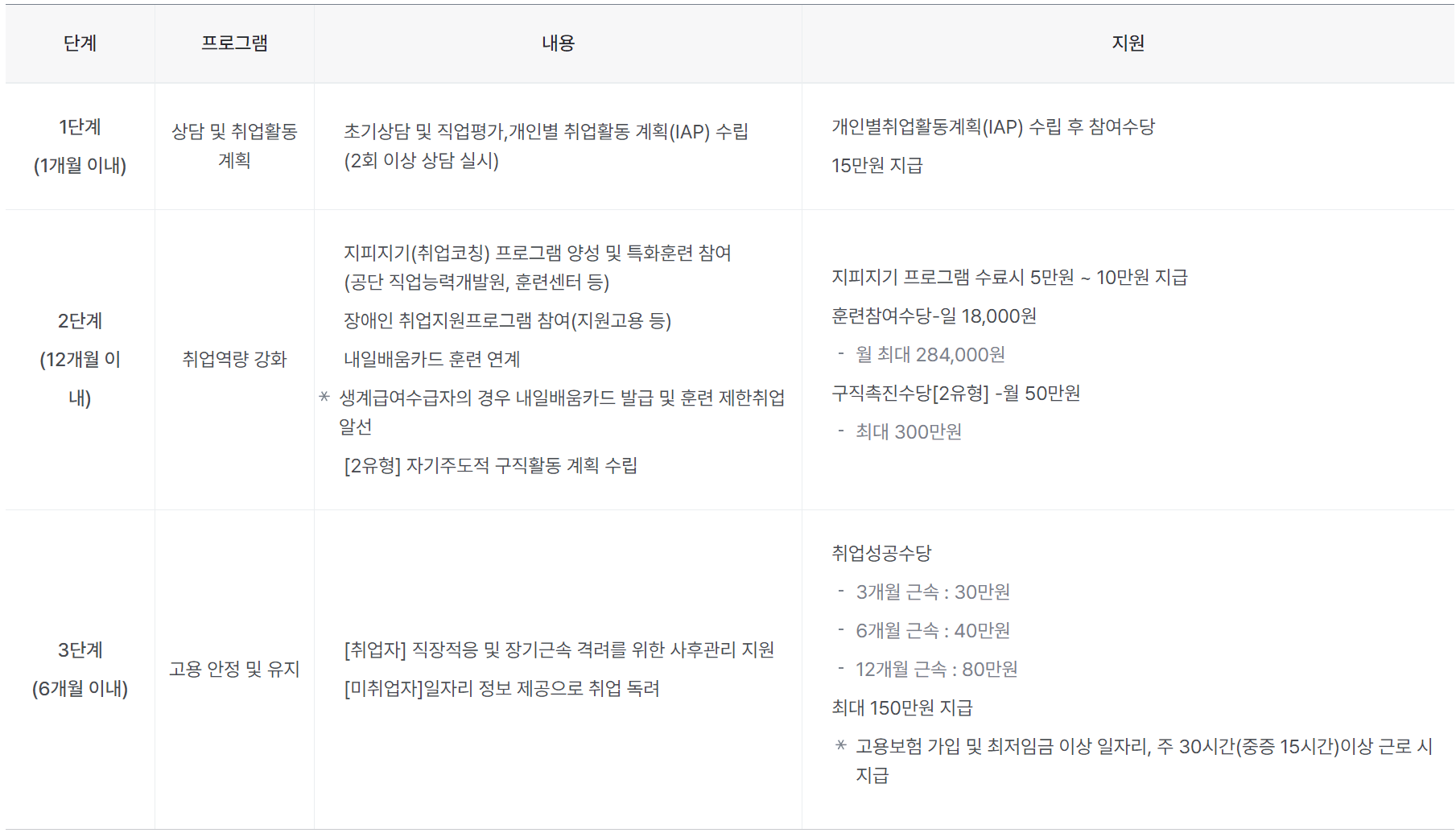 장애인 취업성공패키지 지원내용 표