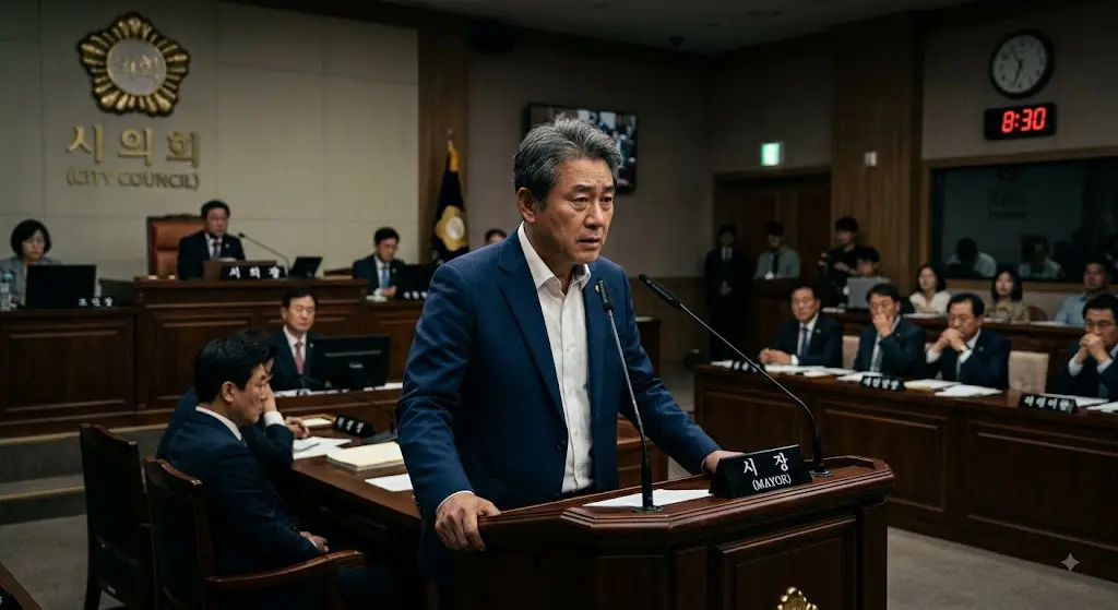 시의회 회의장과 마이크 앞에 선 시장, 긴장감 있는 실내 조명