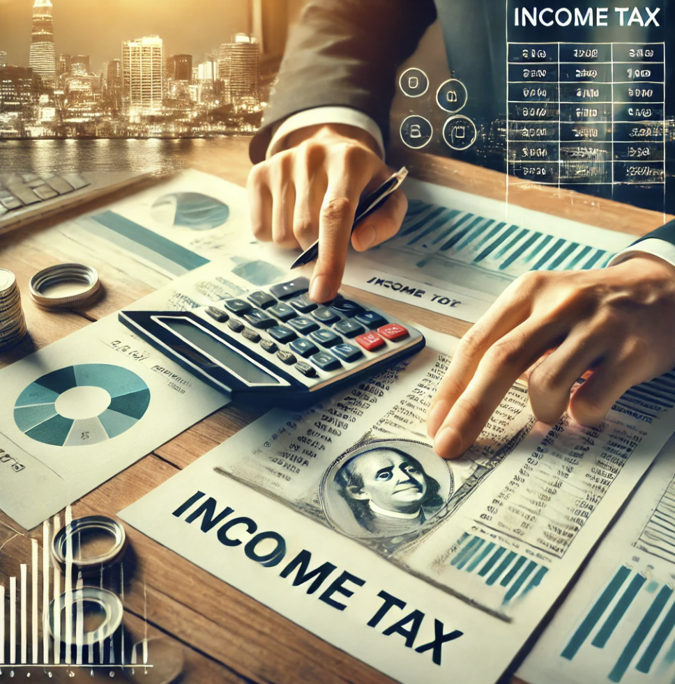 소득세 명세서를 검토하며 계산하는 장면