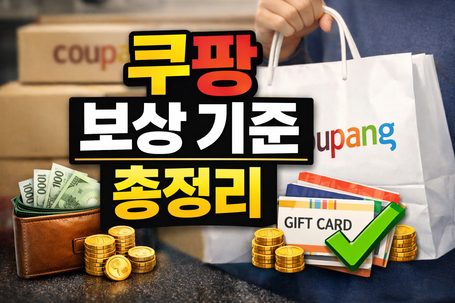 쿠팡 개인정보 유출 보상 이미지, 쿠팡 로고 쇼핑백과 이용권·환불 상징 요소로 5만원 이용권 보상 방식을 설명하는 썸네일