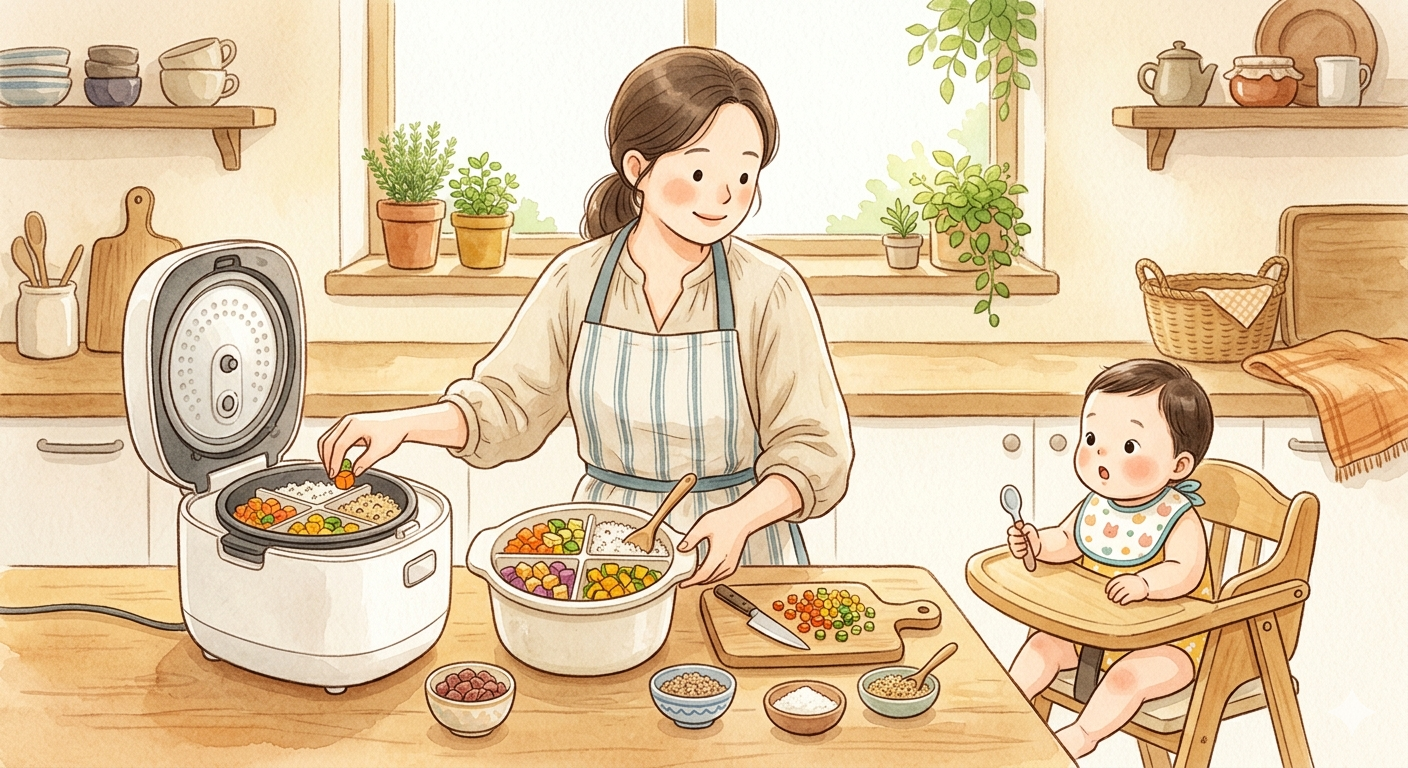 A mother preparing stage-3 baby food using a rice cooker with dividers, chopping vegetables into small soft pieces for infant texture training.