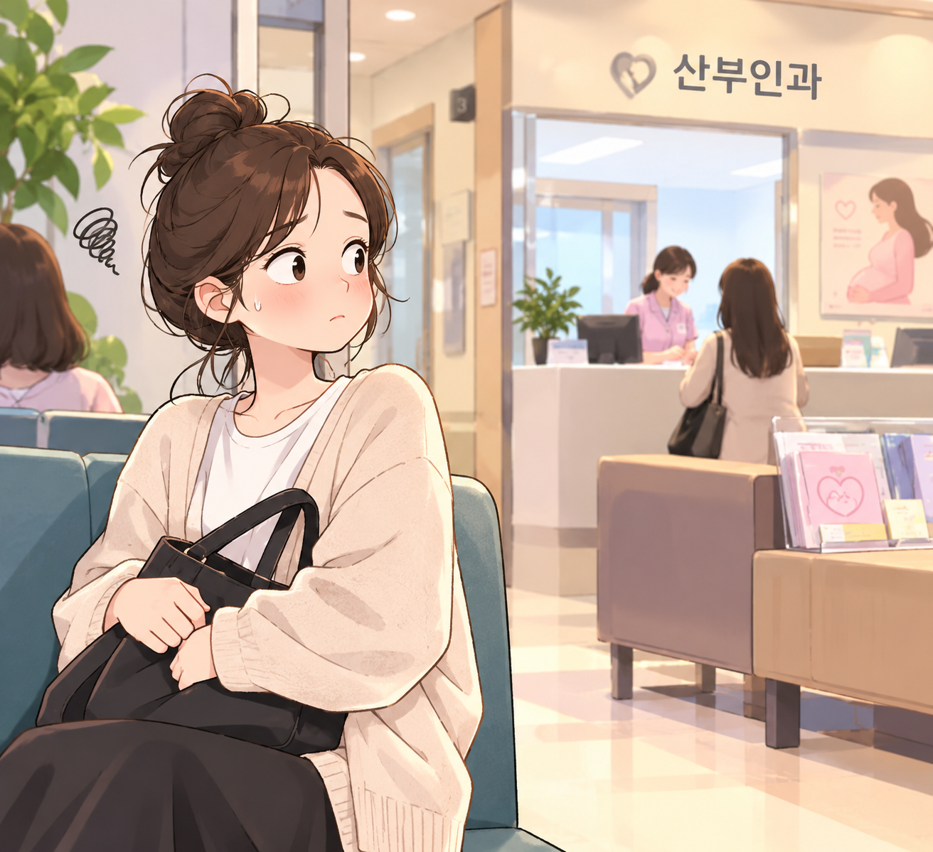 산부인과 정기 검진을 위해 대기중인 혼란스러운 산모