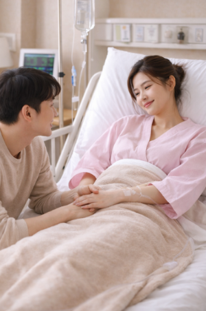산후 병실에서 회복 중인 아내와 손을 잡고 있는 남편, 출산 후 부부의 따뜻한 교감 장면, 산모 회복을 함께하는 가족 이미지