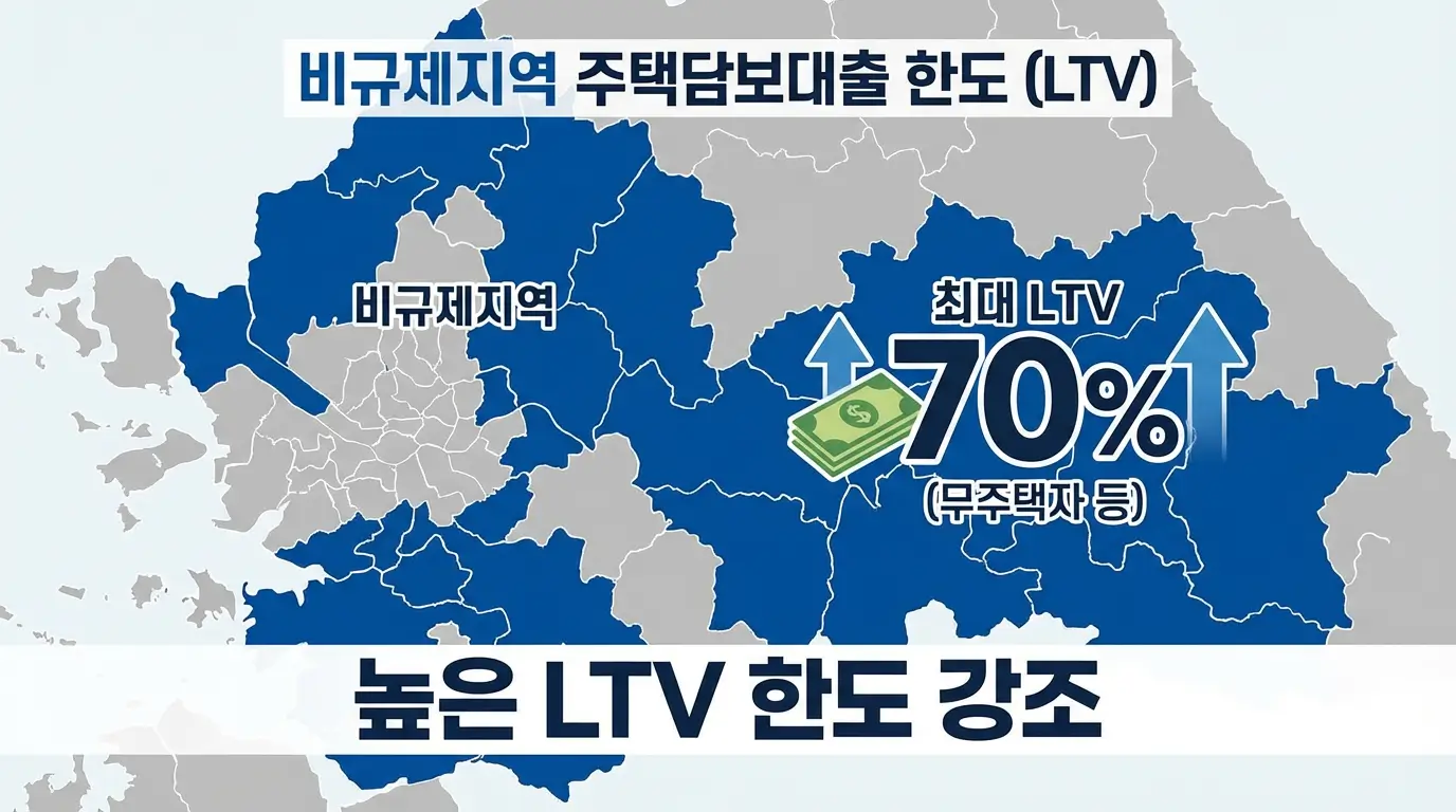 대한민국 지도에서 비규제지역을 파란색으로 표시하고 높은 LTV 한도를 강조하는 인포그래픽