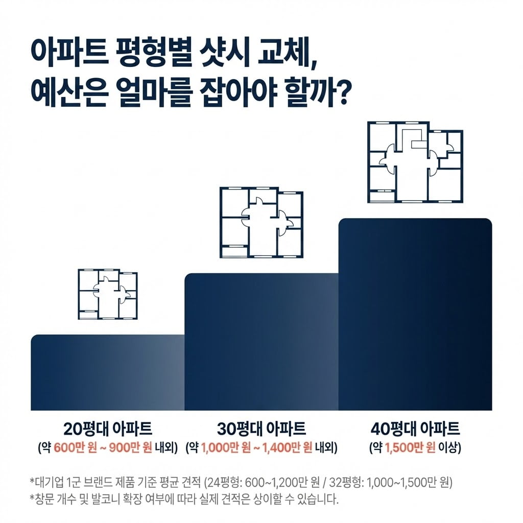 아파트 평형별 샷시 교체 예산 가이드. 대기업 1군 브랜드 제품 기준, 20평대 아파트는 약 600만 원~900만 원 내외, 30평대 아파트는 약 1,000만 원~1,400만 원 내외, 40평대 아파트는 약 1,500만 원 이상을 예상해야 한다는 평형별 막대그래프와 아파트 평면도.