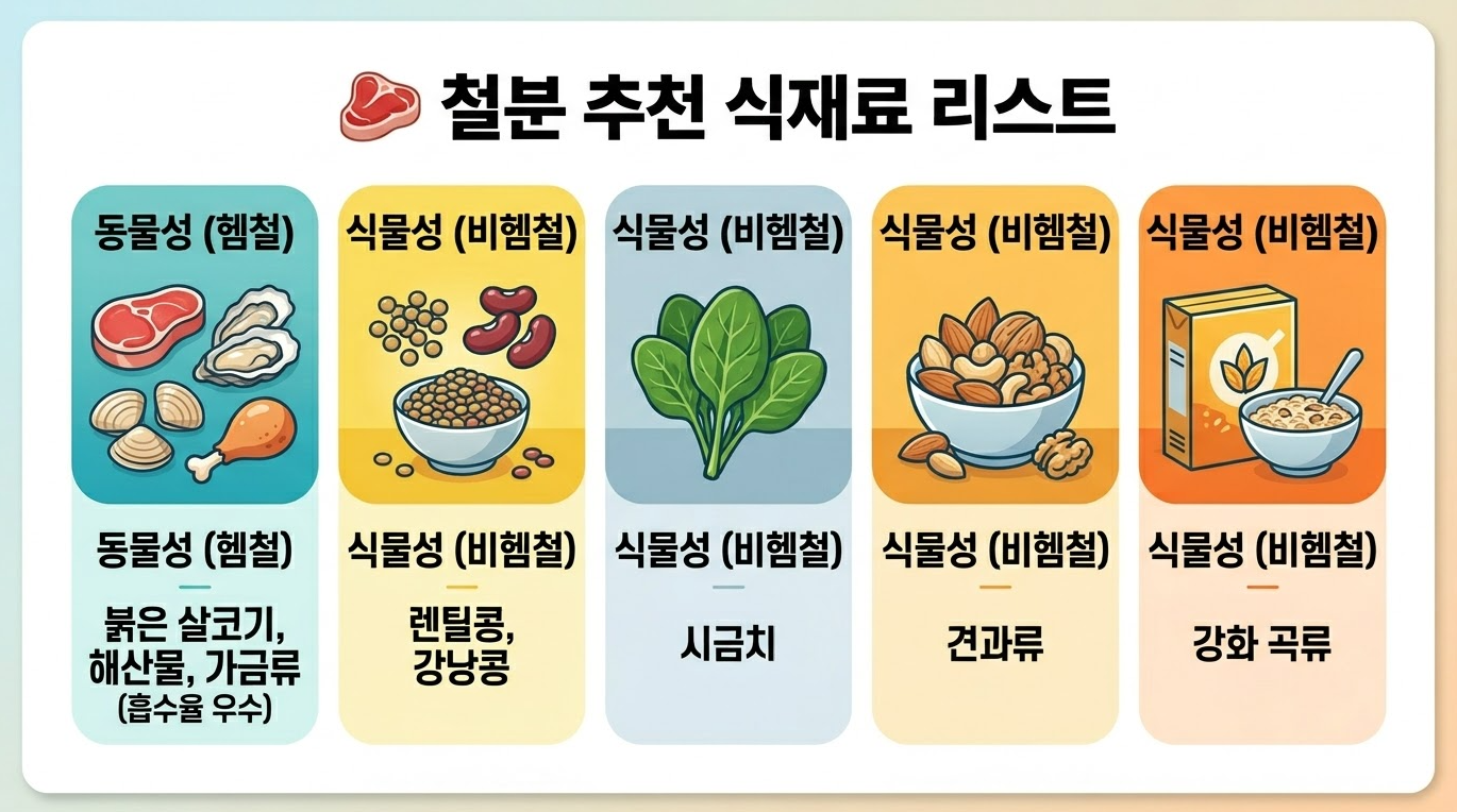 철분 식재료 리스트 동물성 헴철과 식물성 비헴철 비교 이미지