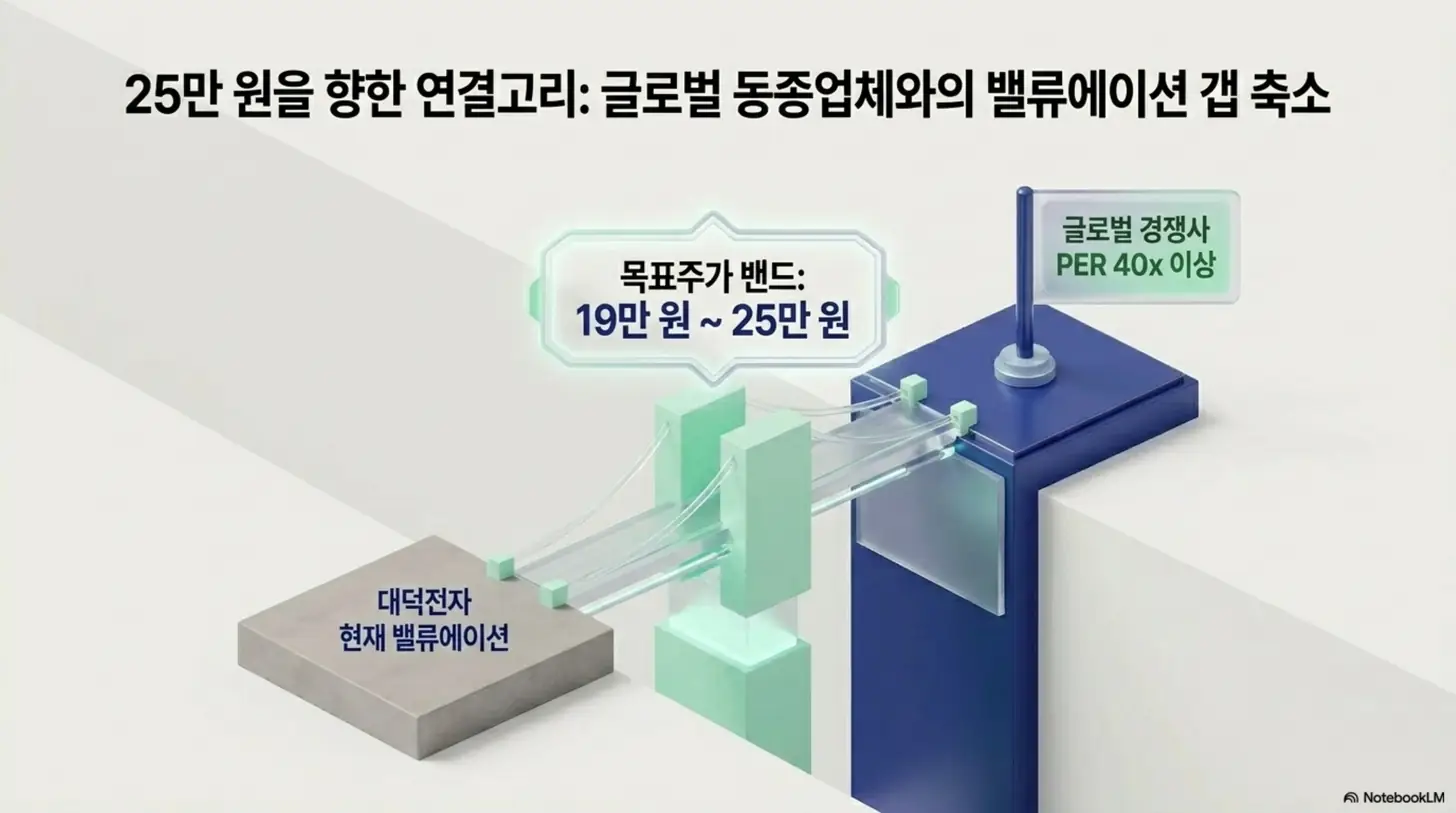 대덕전자 주가 전망: 대덕전자의 현재 밸류에이션과 글로벌 경쟁사 PER 40배 이상 사이의 갭을 다리로 연결한 이미지. 목표주가 밴드 19만~25만 원을 향한 밸류에이션 갭 축소 논리를 시각적으로 전달하며&amp;#44; 블로그의 대덕전자 목표주가와 밸류에이션 주제를 설명함