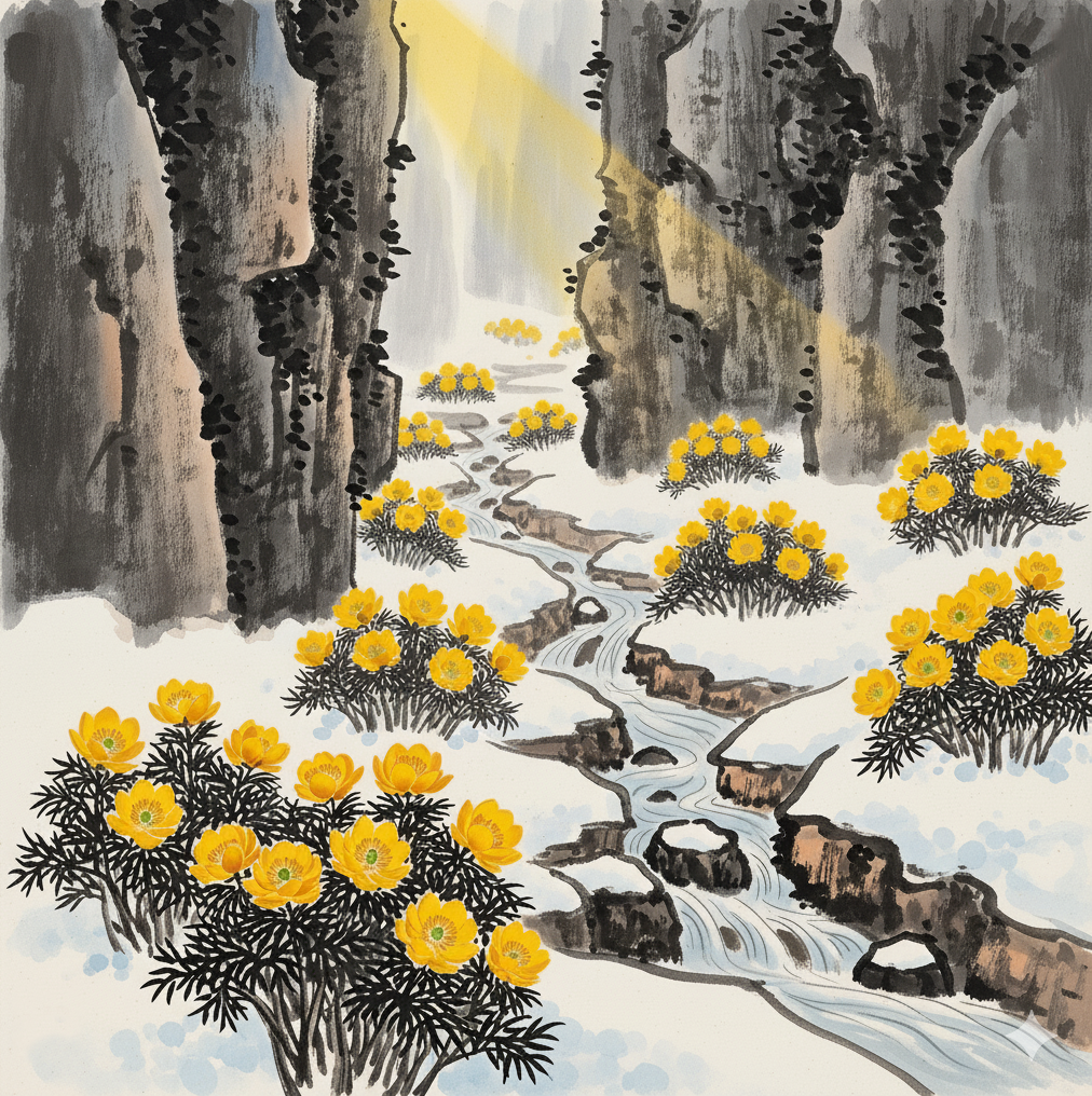 공곡회춘(空谷回春) (눈 녹는 계곡에 피어난 복수초)