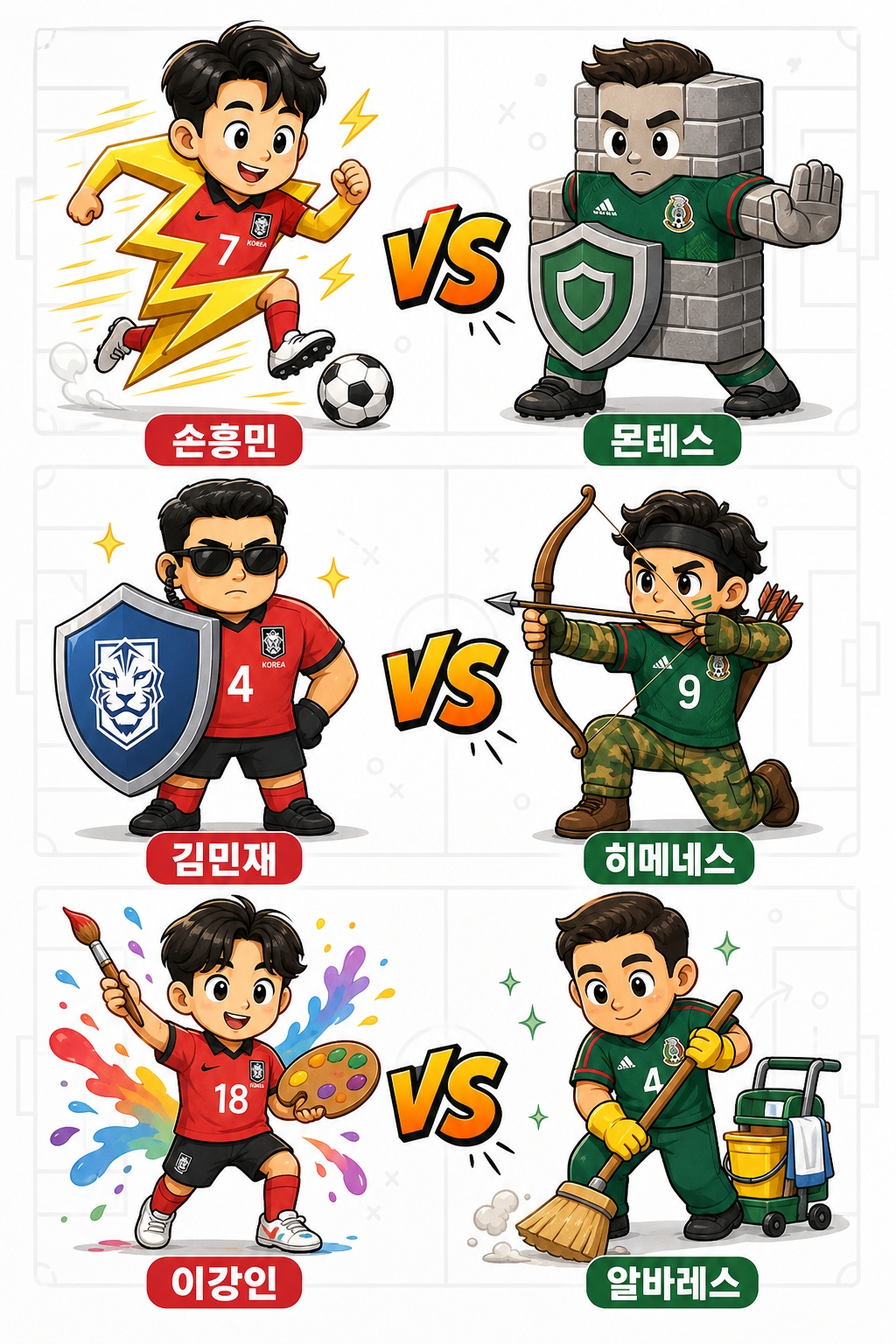 한국 vs 멕시코 핵심 선수 6명을 캐릭터로 표현한 매치업 카드 일러스트