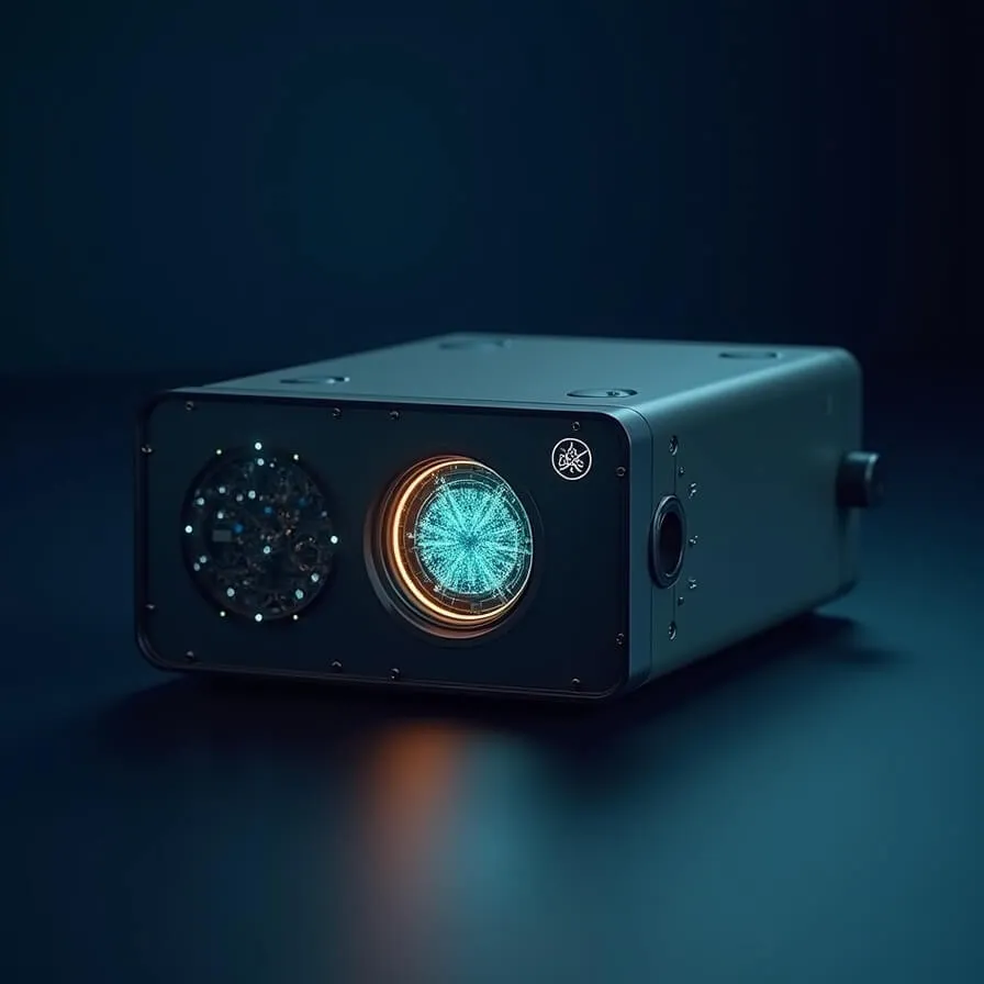 Infleqtion Tiqker 광학 원자 시계 이미지. 3U 랙마운트 형태의 소형 장비로 전면 패널에 정밀 시계 디스플레이와 원자 전이 비주얼이 표시되어 있다. 투명 창을 통해 청록색으로 빛나는 세슘 원자들이 보이며&amp;#44; 골든 빛이 시계 메커니즘에서 발산된다. GPS 독립 운용을 나타내는 X표시된 위성 아이콘이 있어 전파 교란 환경에서도 안정적인 시간 동기화가 가능함을 표현 (Tiqker atomic clock GPS-independent timing)