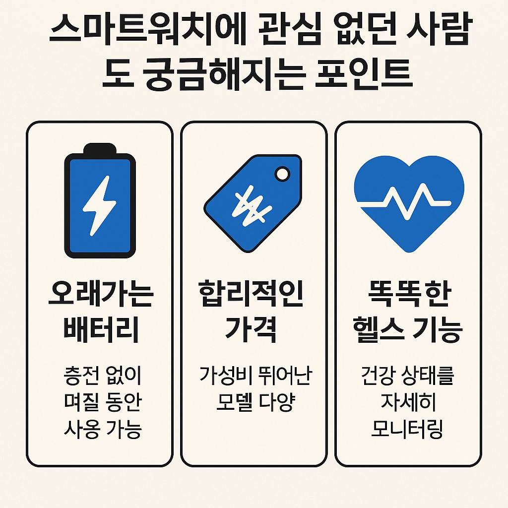스마트워치에 관심 없던 사람도 궁금해지는 포인트 인포그래픽(배터리·가격·헬스)
