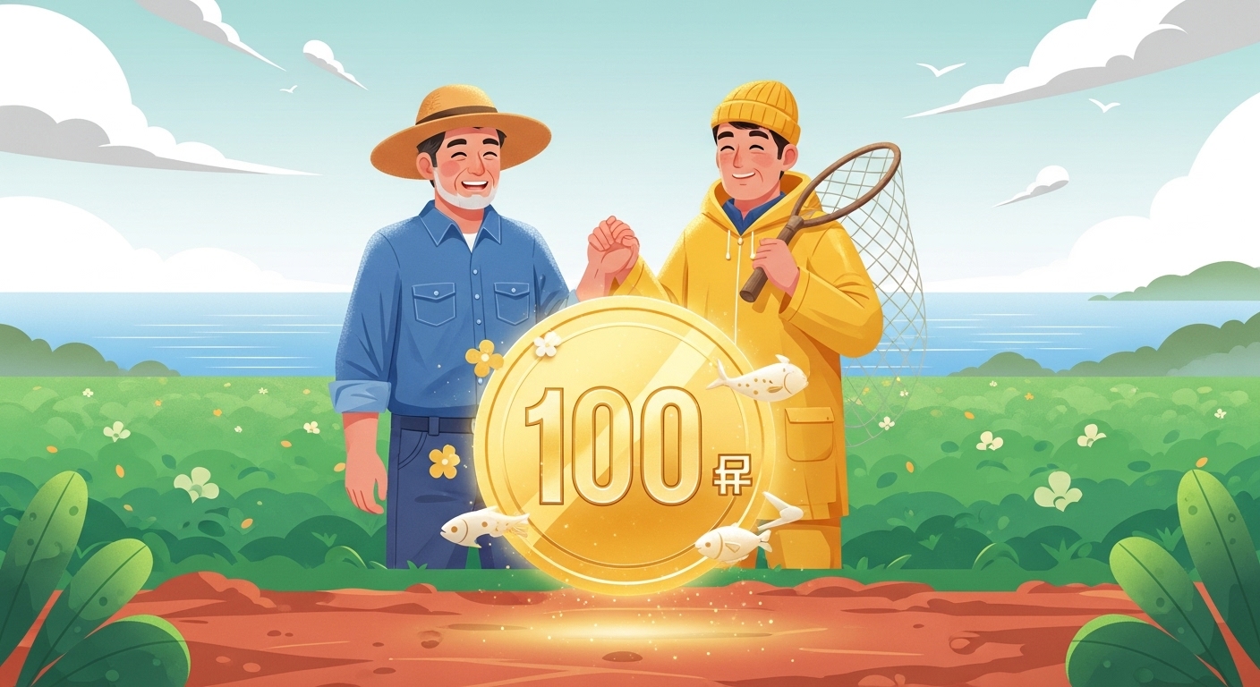 농어민 공익수당 인상을 상징하는 그림. 농부와 어부가 환하게 웃으며 손을 잡고 있고, 100만원이 적힌 동전을 바라보고 있습니다.