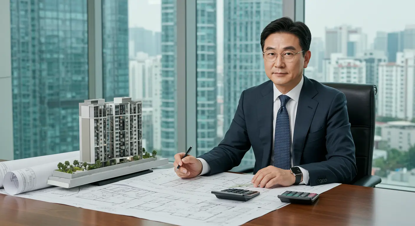 서울의 사무실에서 아파트 모형과 설계도면을 보며 주택매매사업을 구상하는 한국인 전문가